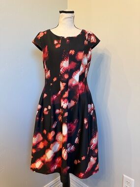 Calvin Klein Fit & Flare Dress Black Red Abstract Print Pleated Small (No Tag)